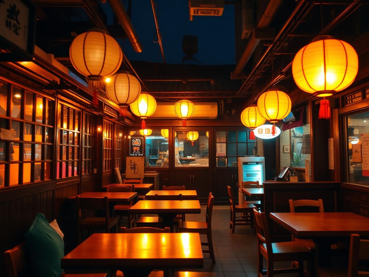 Warm interior of the restaurant with wooden tables and paper lanterns